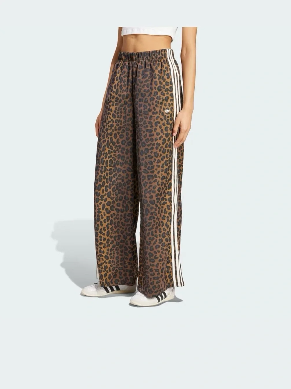 adidas Originals Women's Leopard Print Wide-Leg Satin Pants with White Stripes - Picture 1 of 6